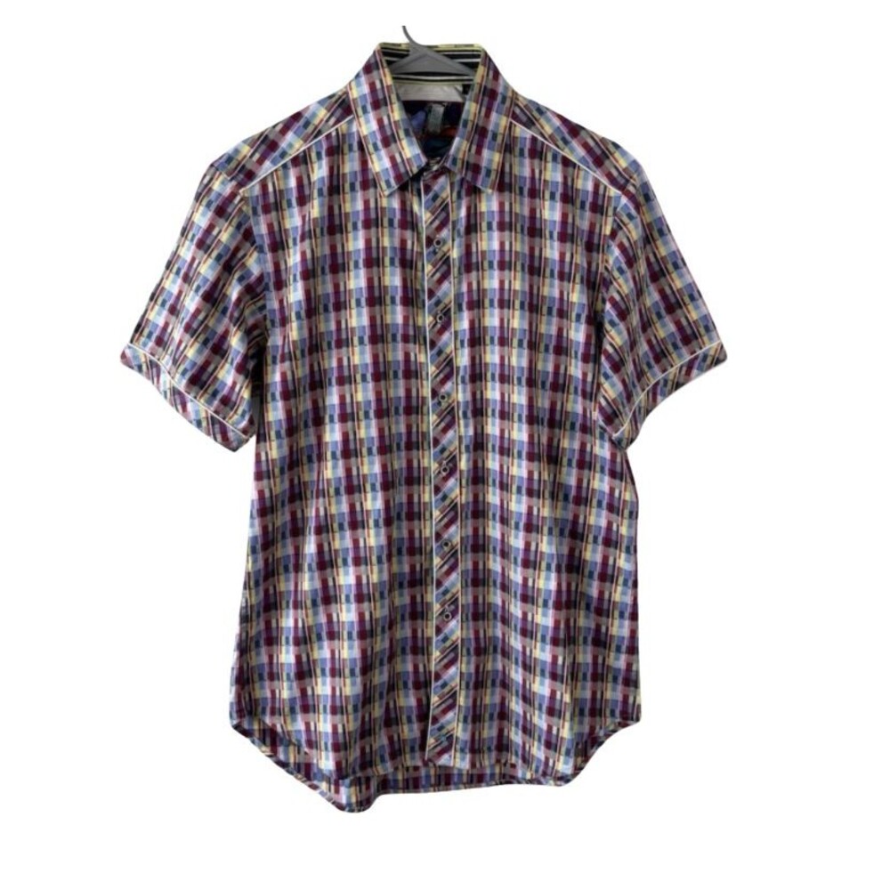 Robert Graham Size M Men Geometric Pink Blue Button Down Short Sleeve Shirt  EUC